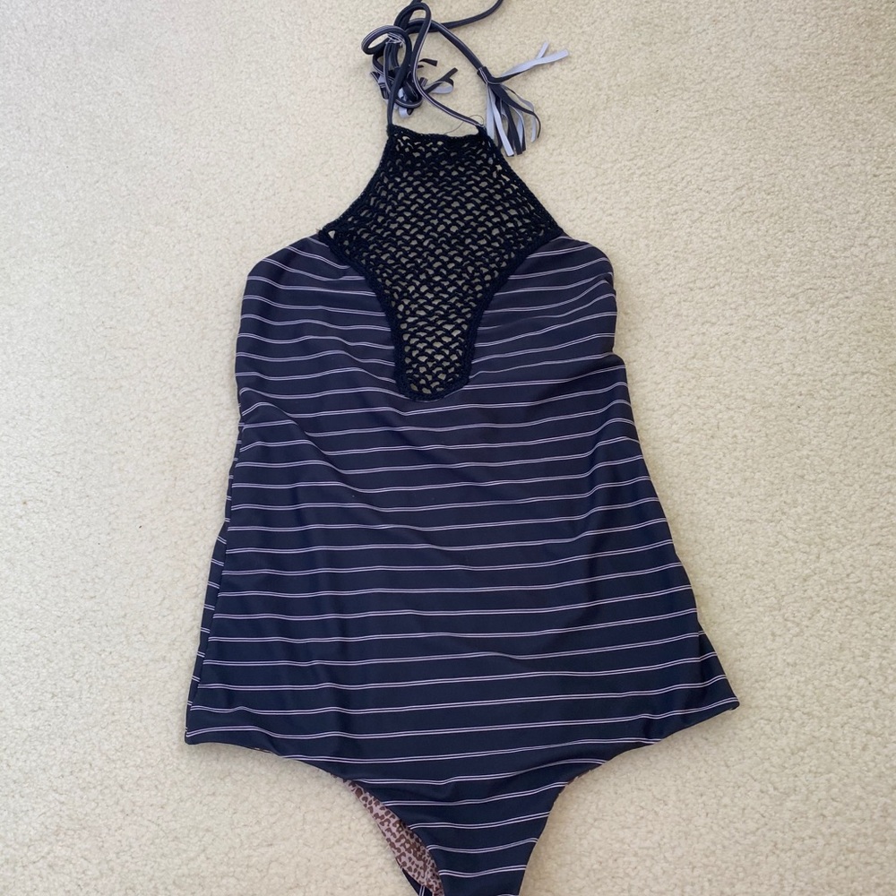 Acacia stripped high neck crochet one piece